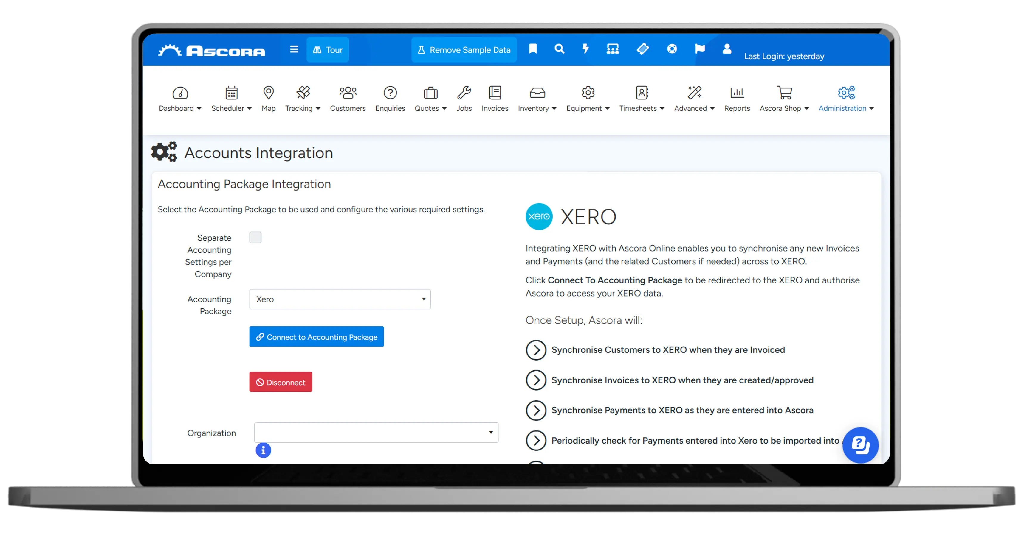 Tablet showing Ascora Accounts integration — click to play walkthrough