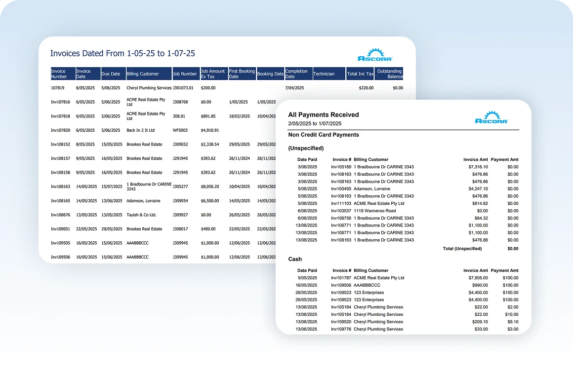 Invoicing and payments reports