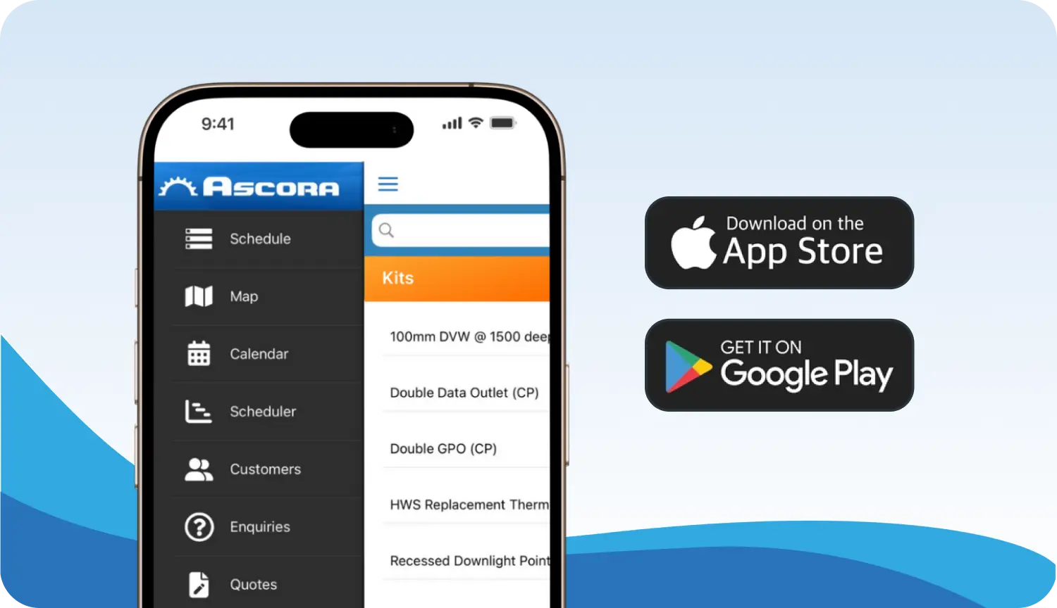 Tablet showing the Ascora mobile app