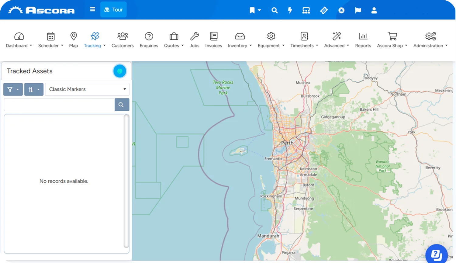 Tablet showing GPS Tracking in Ascora