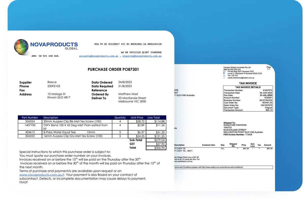 Supplier purchasing integration with PO management and invoice sync
