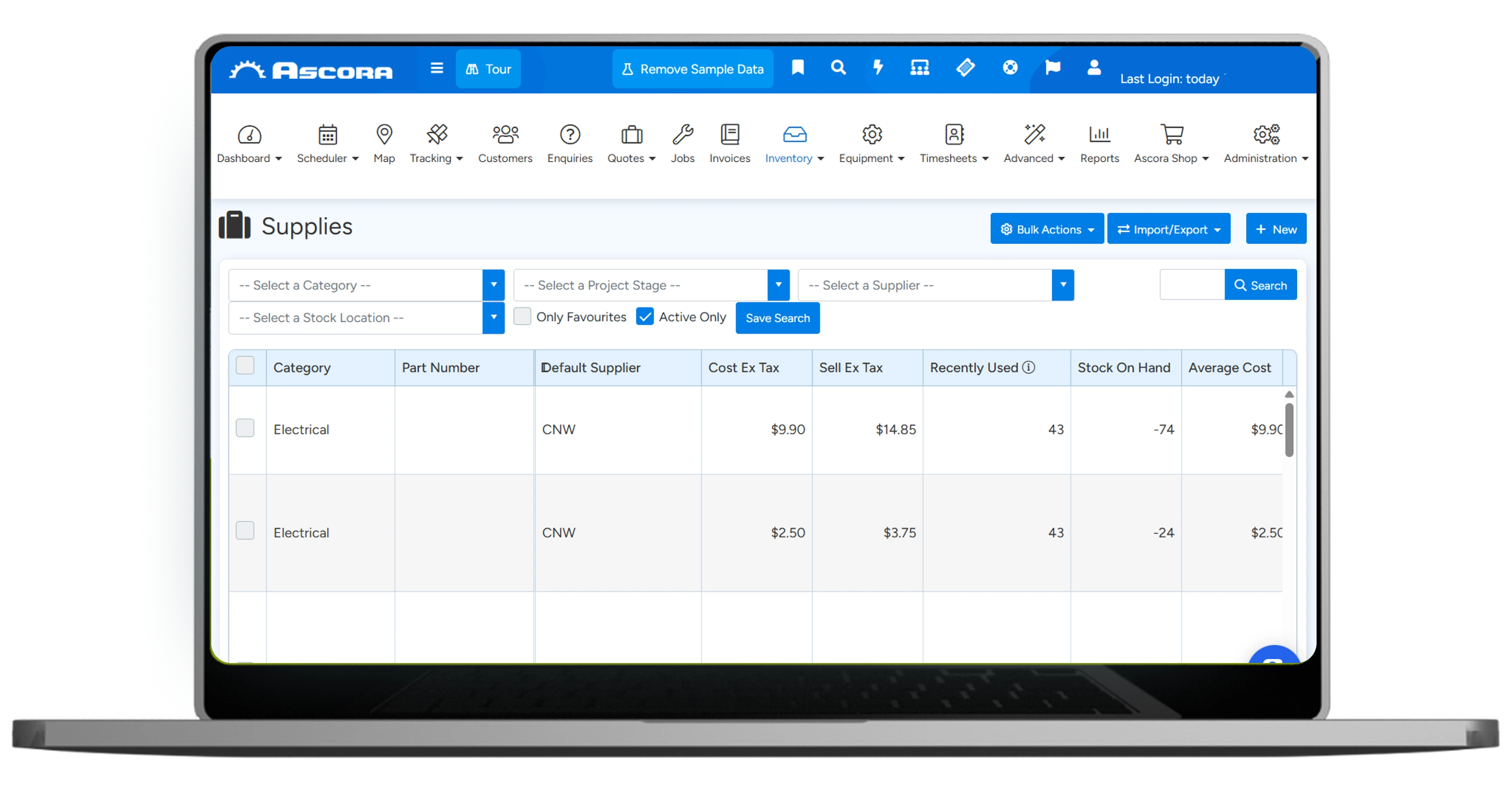 Tablet showing Ascora Inventory — click to play walkthrough