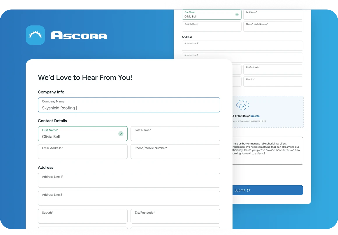Website contact form integration funnels straight into the Ascora pipeline