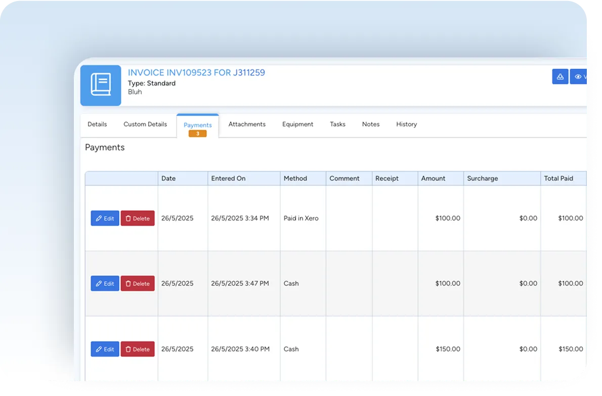 Payment tracking dashboard with status, partial payments and outstanding balances