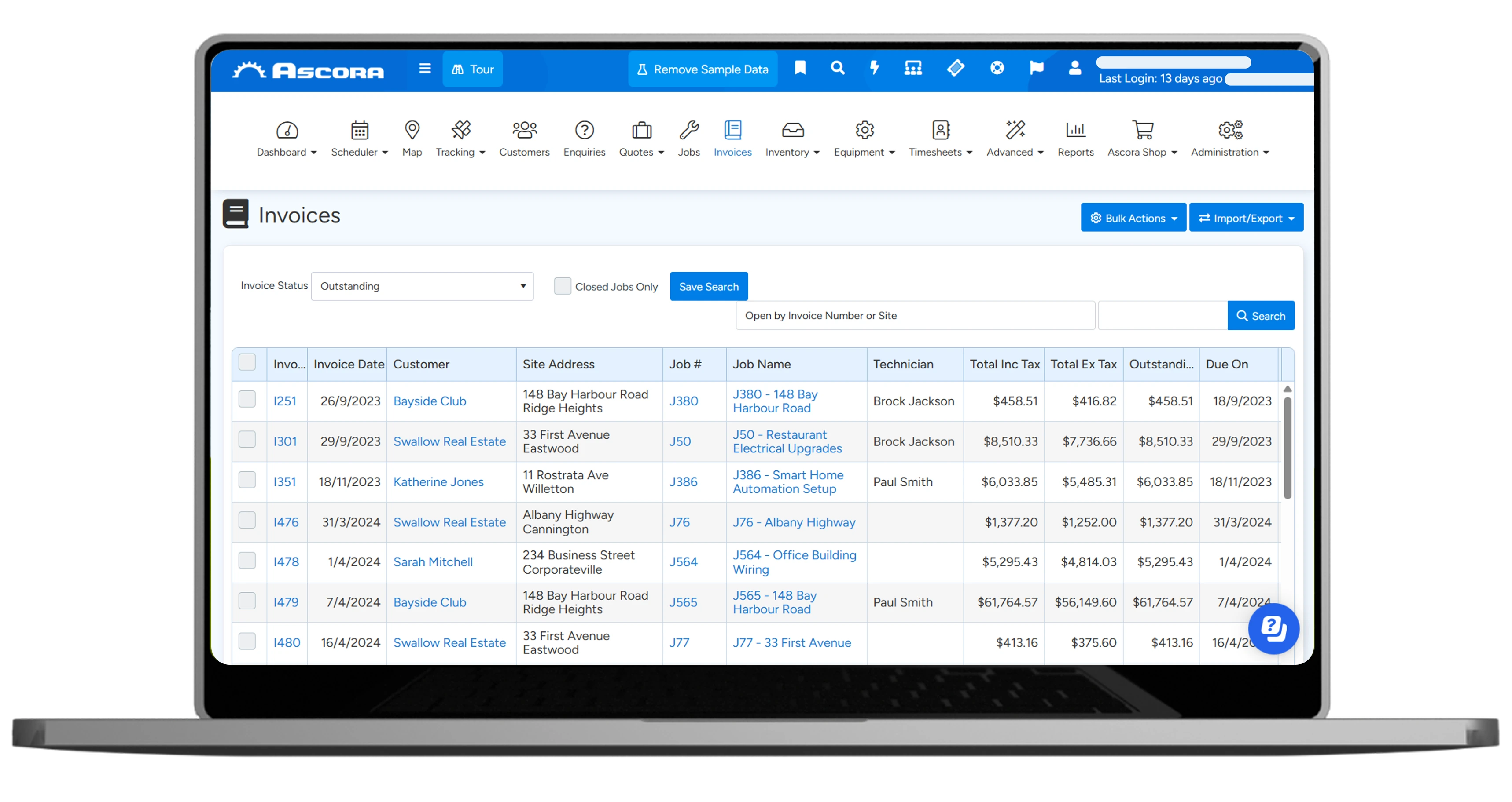 Tablet showing Ascora Invoicing & Payments — click to play walkthrough