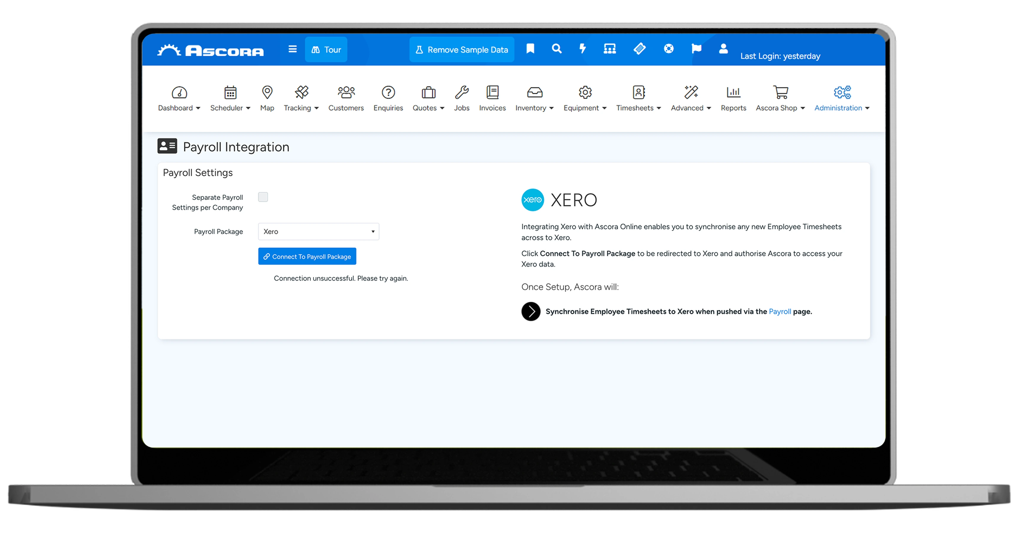 Tablet showing Ascora Payroll integration — click to play walkthrough