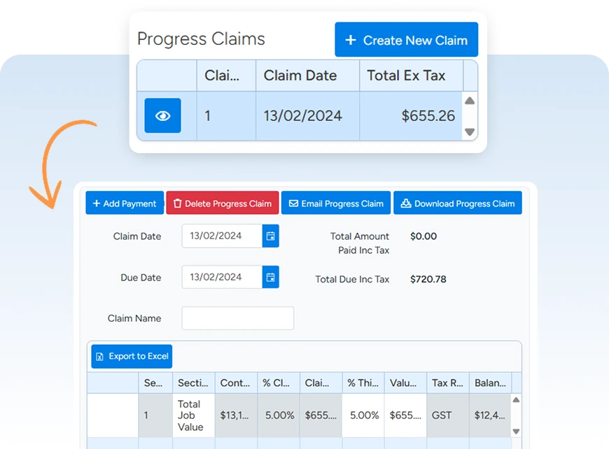 Raise progress claims against contract value