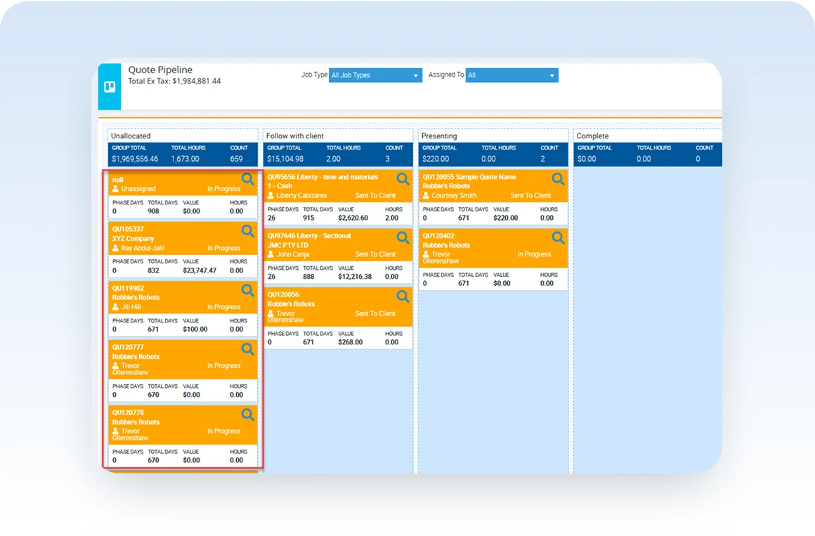 Tracking, prioritising and planning quotes in Ascora