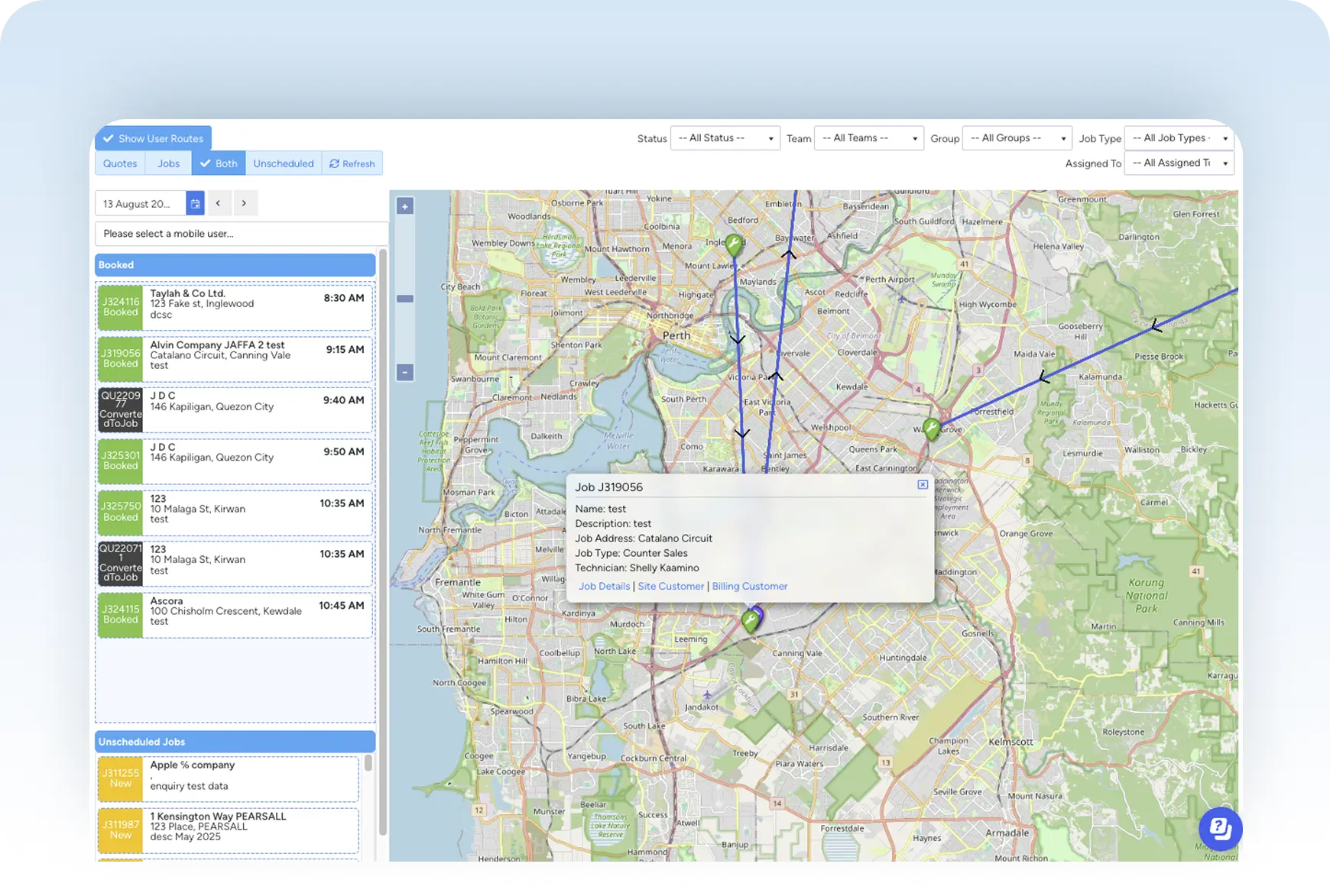 Optimised route planning across the day's jobs