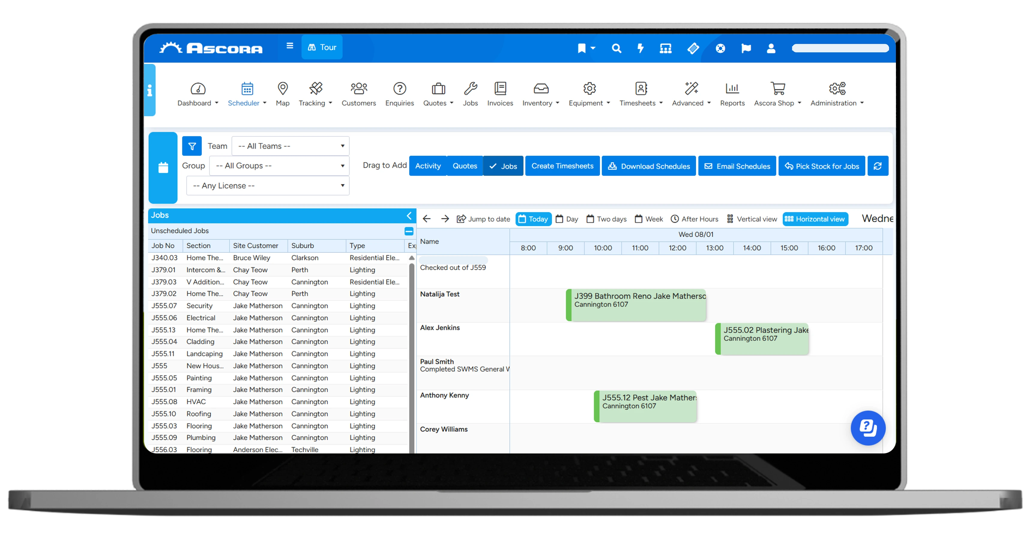 Tablet showing Ascora drag-and-drop scheduler — click to play walkthrough
