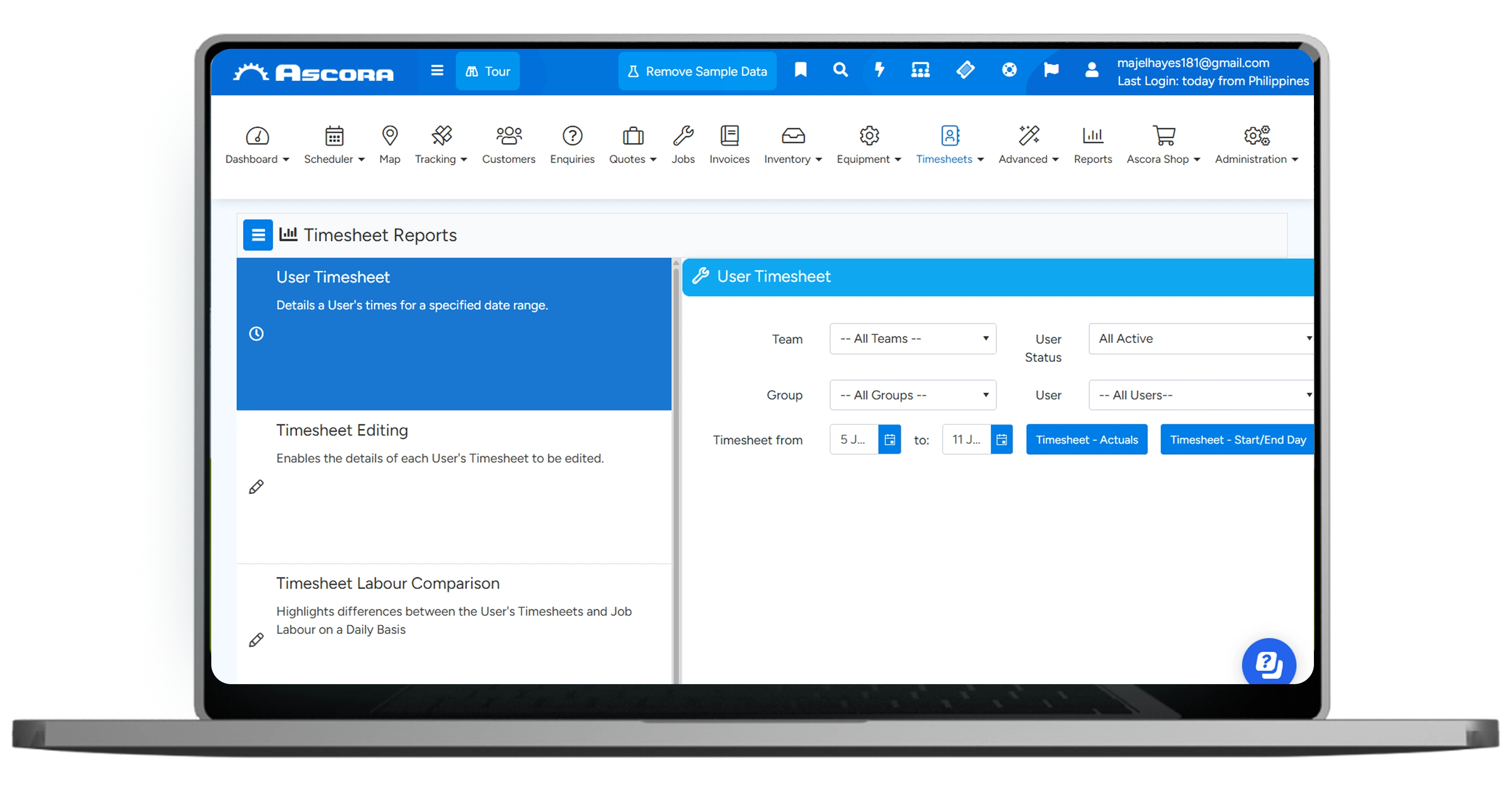 Tablet showing Ascora Timesheets — click to play walkthrough