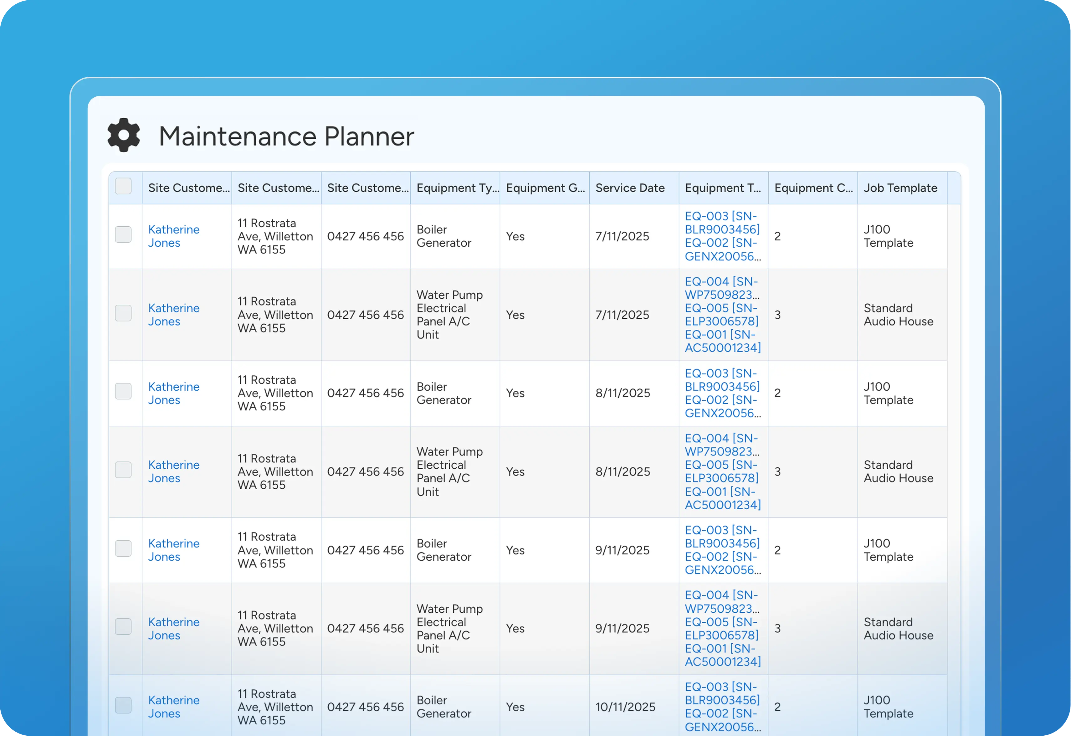 HVAC maintenance planner dashboard.
